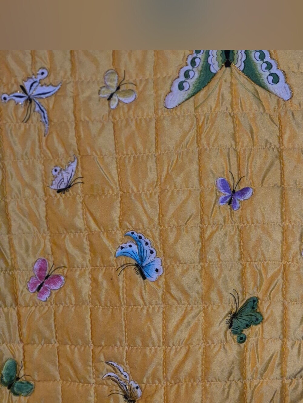 Vintage Yellow Quilted Butterfly Embroidered Throw 100" X 80" BEAUTIFUL BLANKET